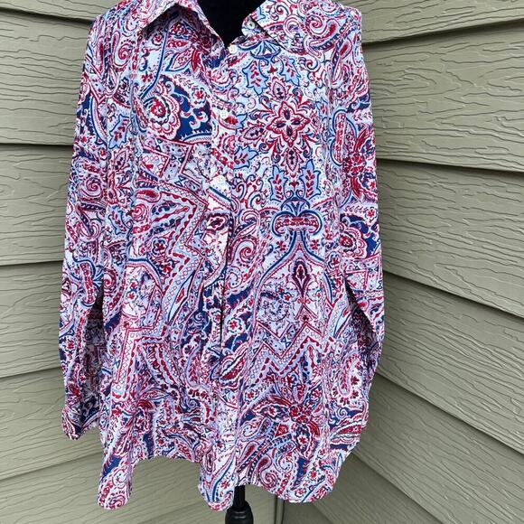 TALBOTS women’s 1X long sleeve, button down, top, red/blue - Picture 2 of 6